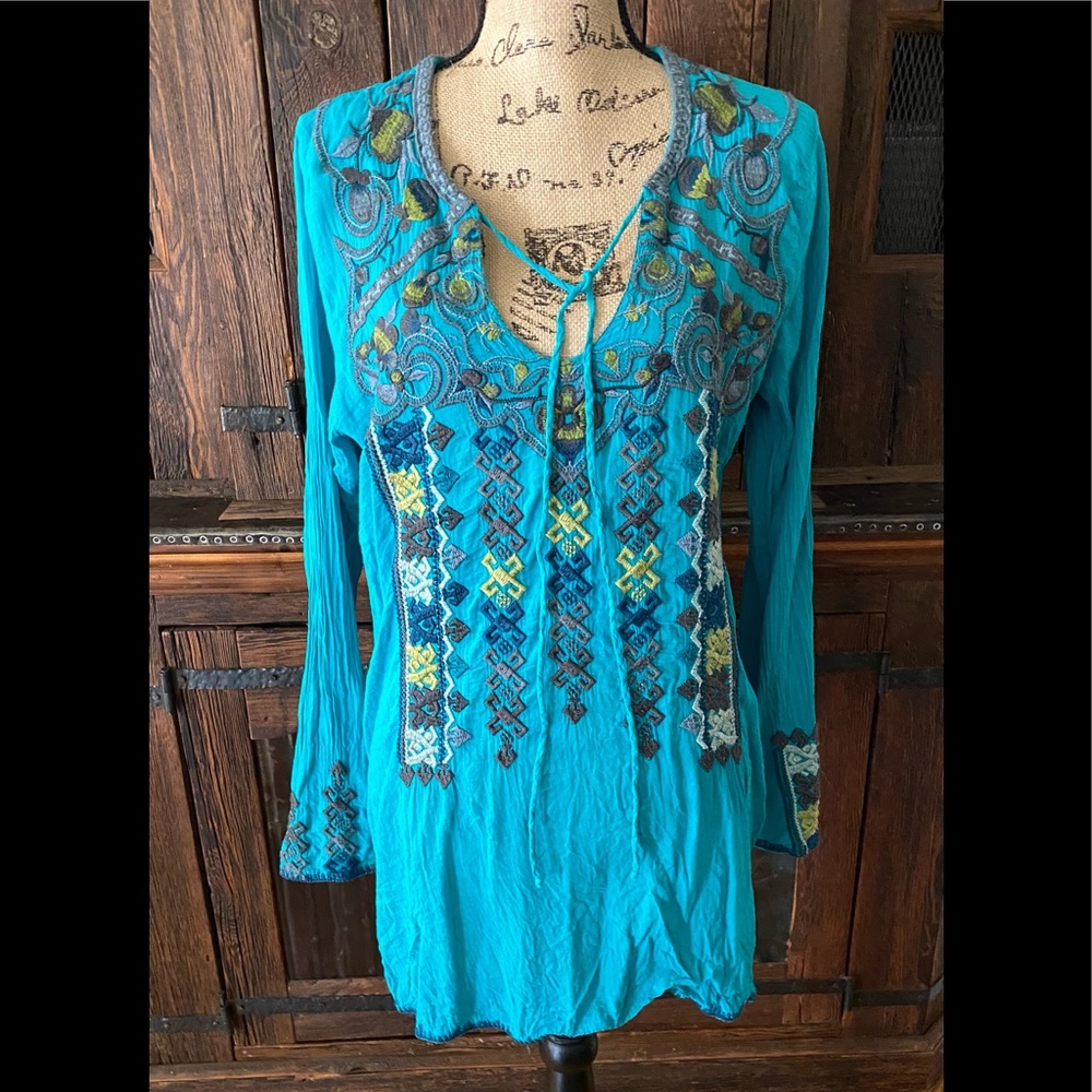 Johnny Was Biya Turquoise Embroidered Cotton Top M - Picture 2 of 11